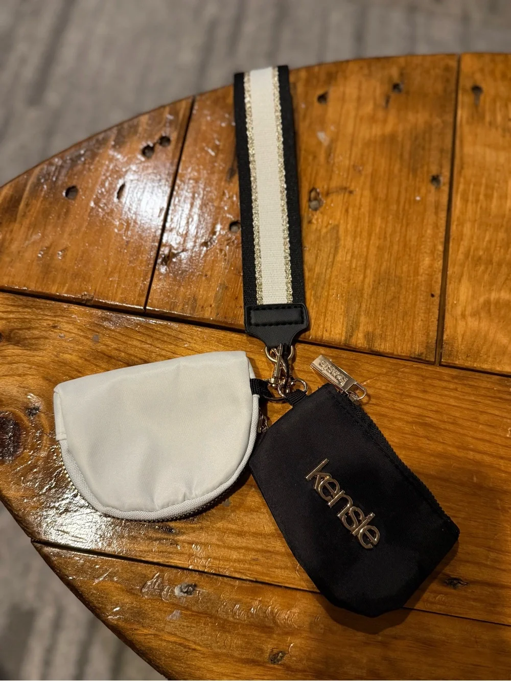 Kensie White and Black Stripe Strap Key & Card Holder Set.